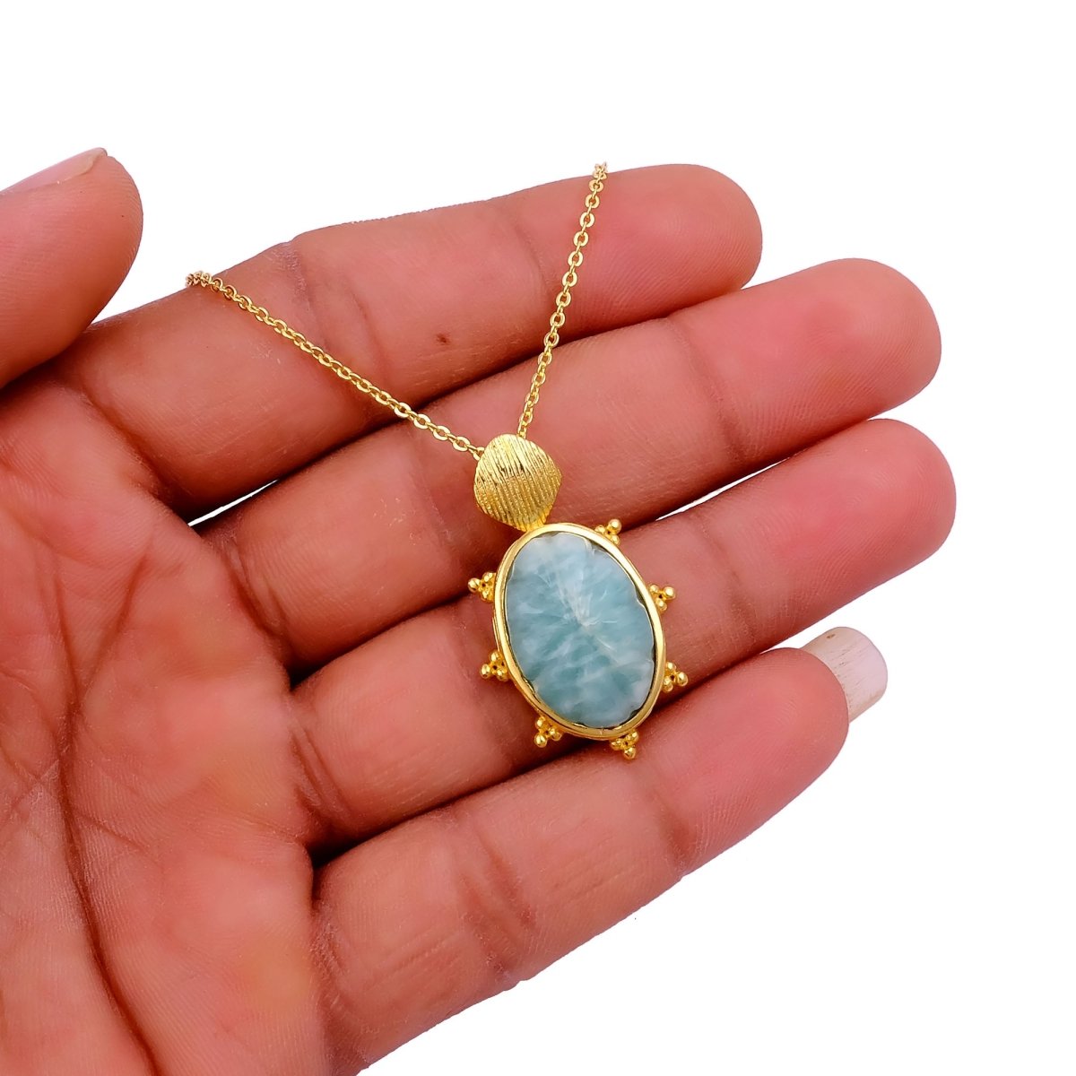 Carved Rose Quartz Tortoise Pendant Necklace, Gold Plated Floral Gemstone Jewelry 5373