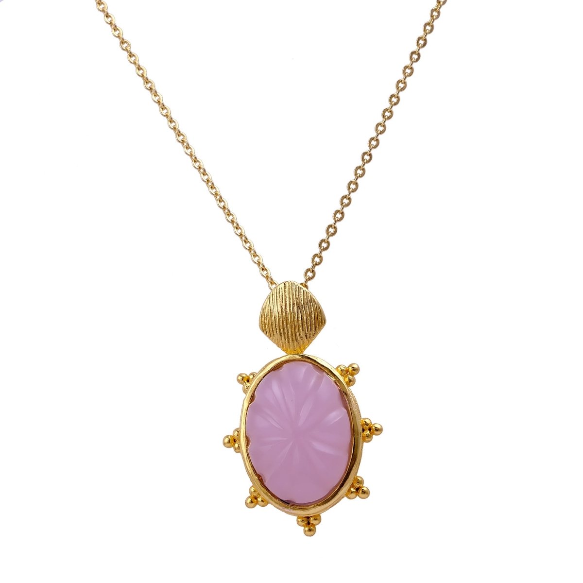 Carved Rose Quartz Tortoise Pendant Necklace, Gold Plated Floral Gemstone Jewelry 5373