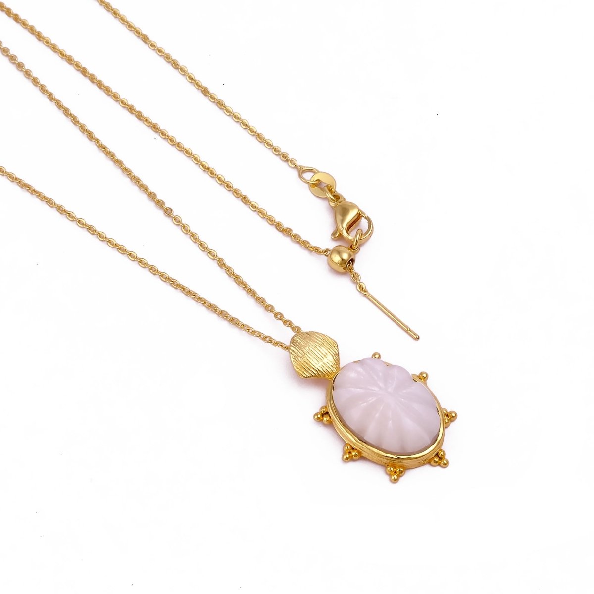 Carved Rose Quartz Tortoise Pendant Necklace, Gold Plated Floral Gemstone Jewelry 5373 White Moonstone