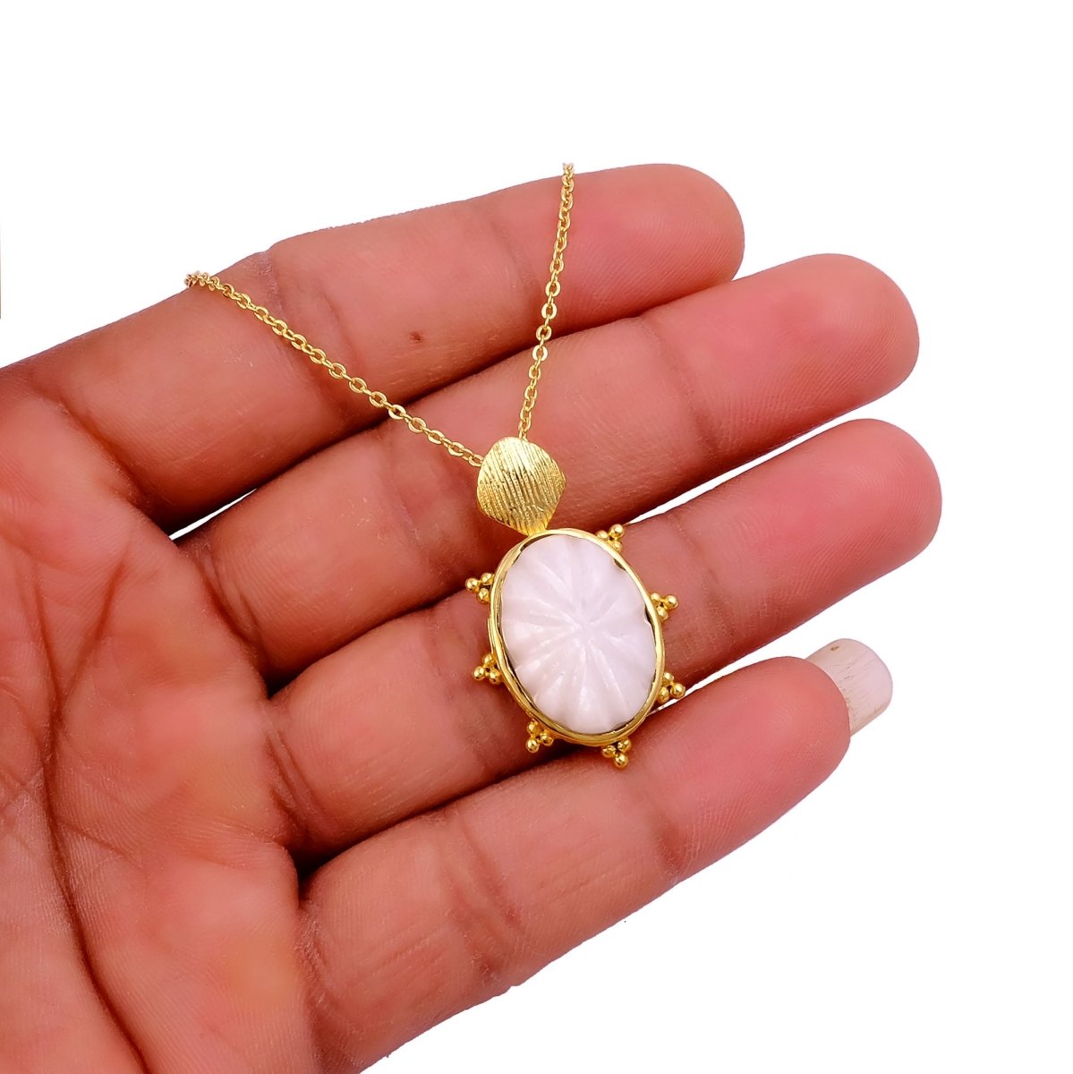 Carved Rose Quartz Tortoise Pendant Necklace, Gold Plated Floral Gemstone Jewelry 5373