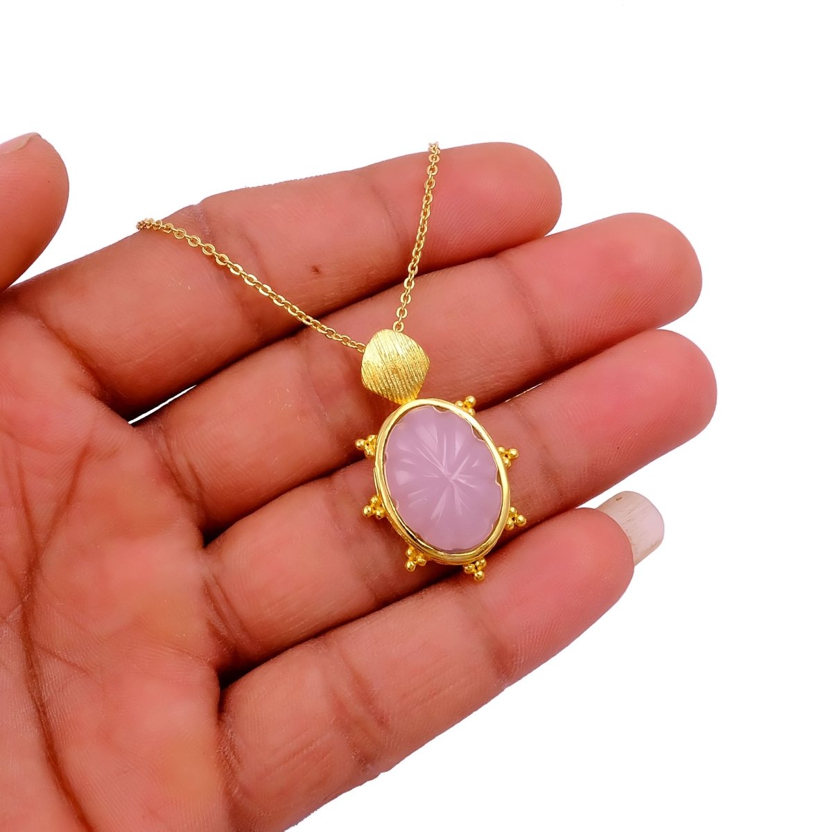 Carved Rose Quartz Tortoise Pendant Necklace, Gold Plated Floral Gemstone Jewelry 5373