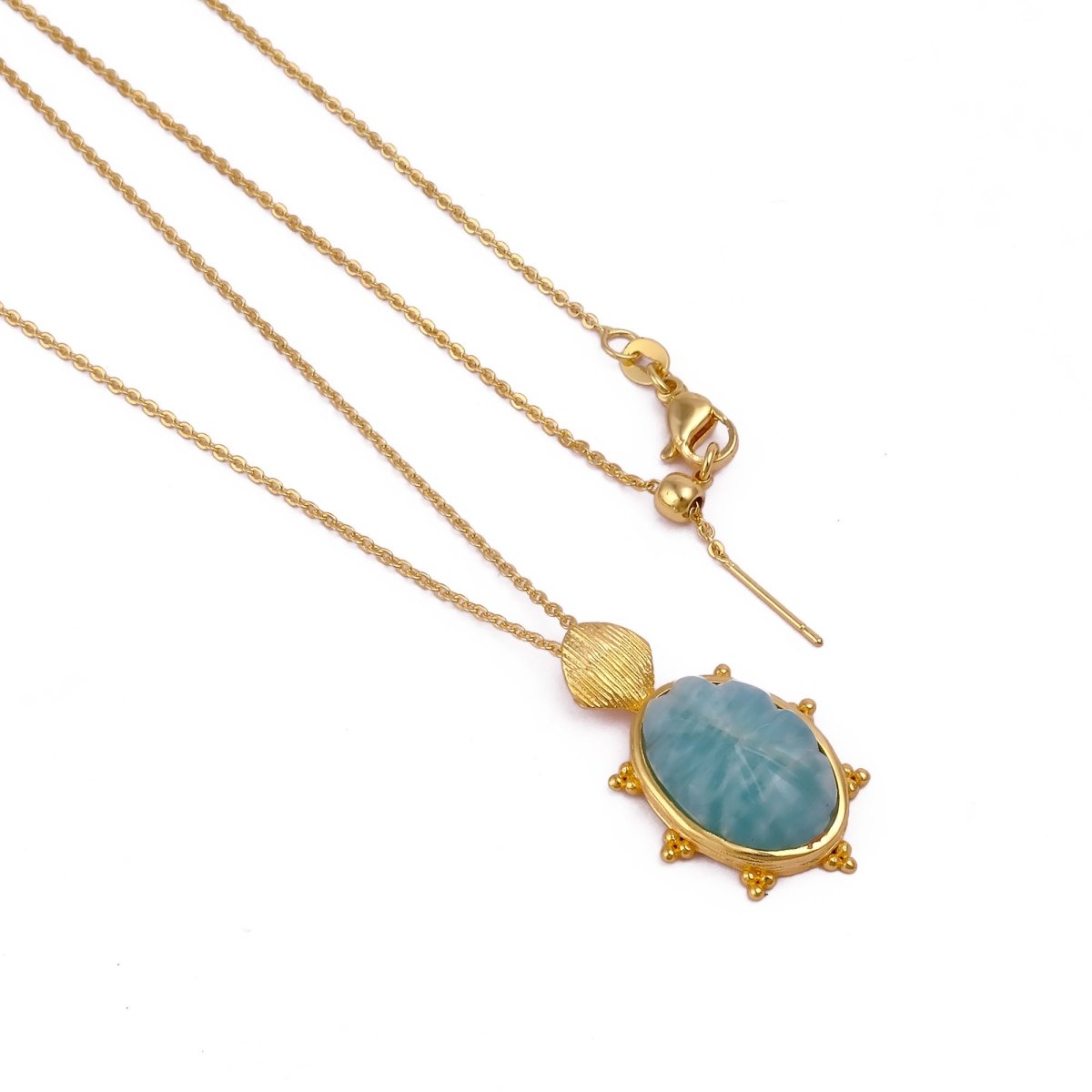 Carved Rose Quartz Tortoise Pendant Necklace, Gold Plated Floral Gemstone Jewelry 5373 Amazonite