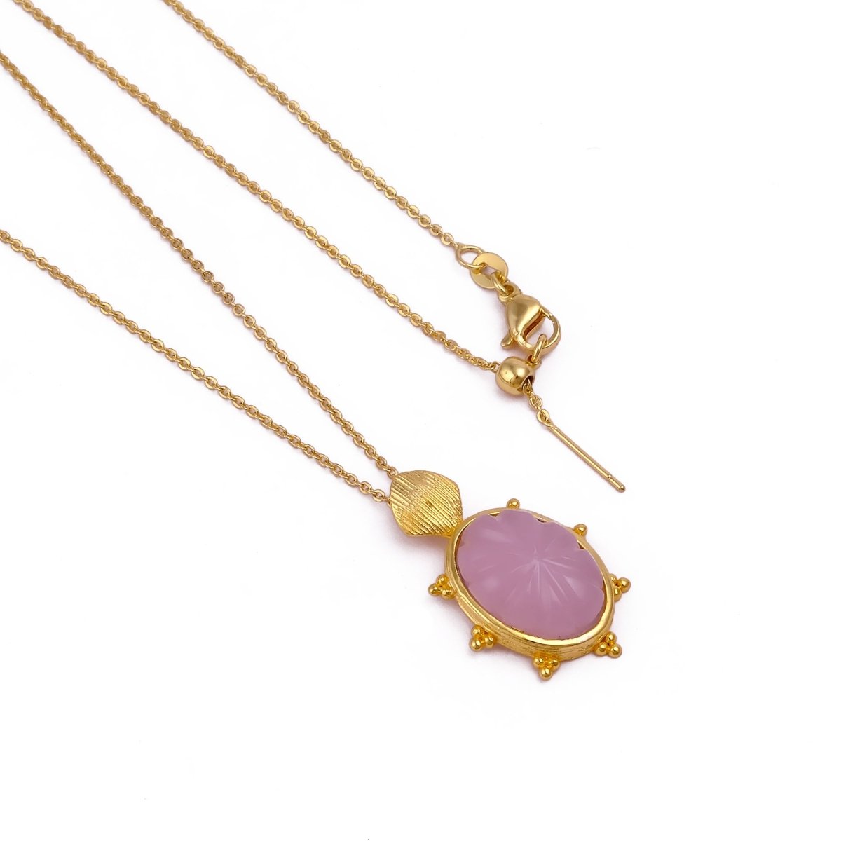 Carved Rose Quartz Tortoise Pendant Necklace, Gold Plated Floral Gemstone Jewelry 5373