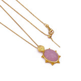 Carved Rose Quartz Tortoise Pendant Necklace, Gold Plated Floral Gemstone Jewelry 5373