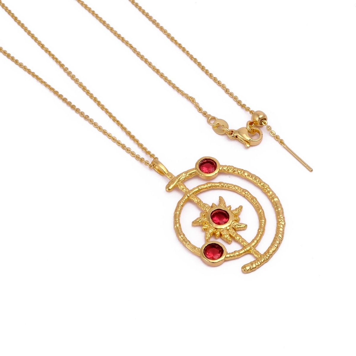 Celestial Sunburst Pendant Necklace with Faceted pink fuchsia in Gold Plated 5403