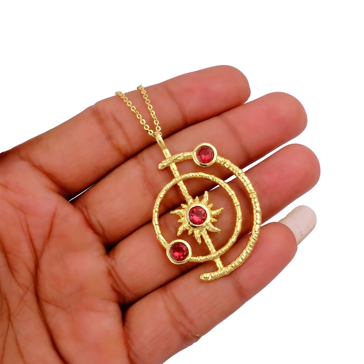 Celestial Sunburst Pendant Necklace with Faceted pink fuchsia in Gold Plated 5403