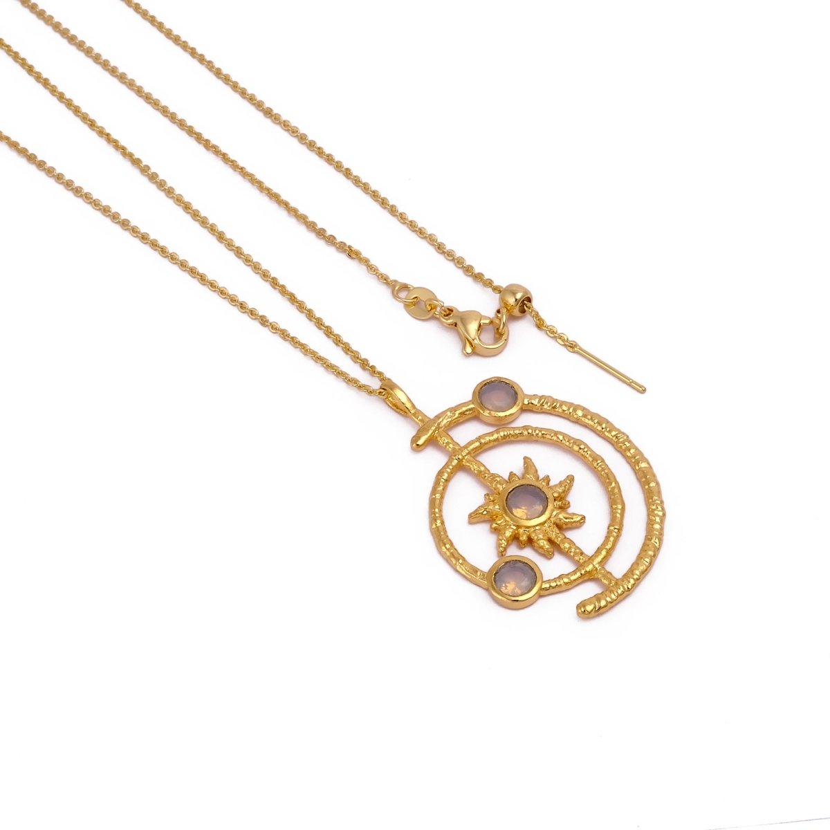 Celestial Sunburst Pendant Necklace with Faceted pink fuchsia in Gold Plated 5403