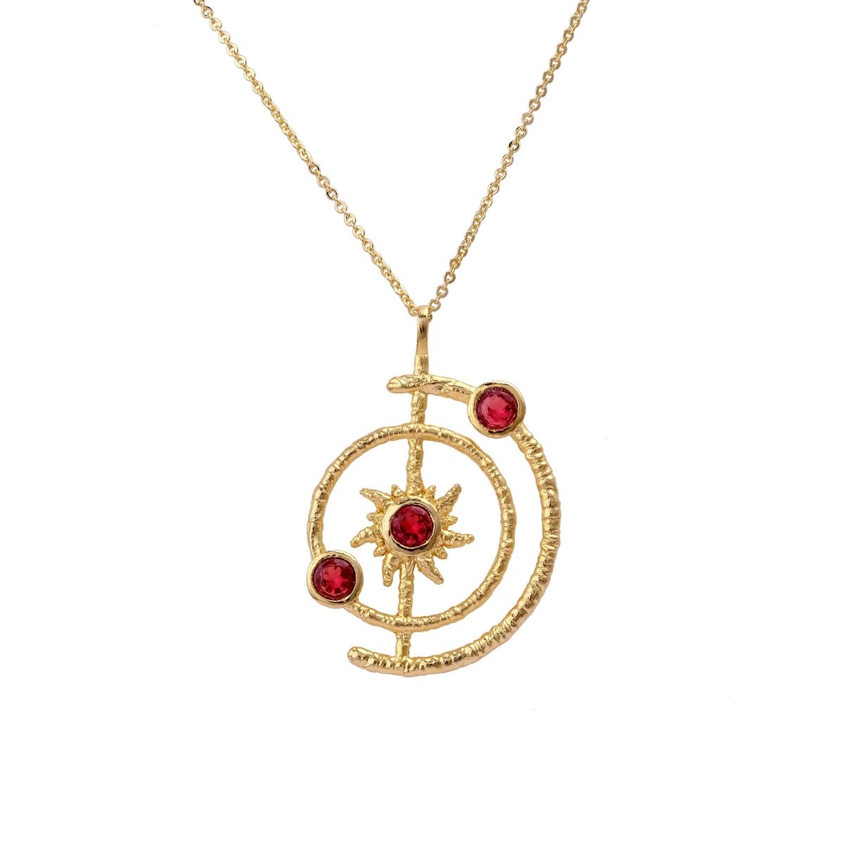 Celestial Sunburst Pendant Necklace with Faceted pink fuchsia in Gold Plated 5403