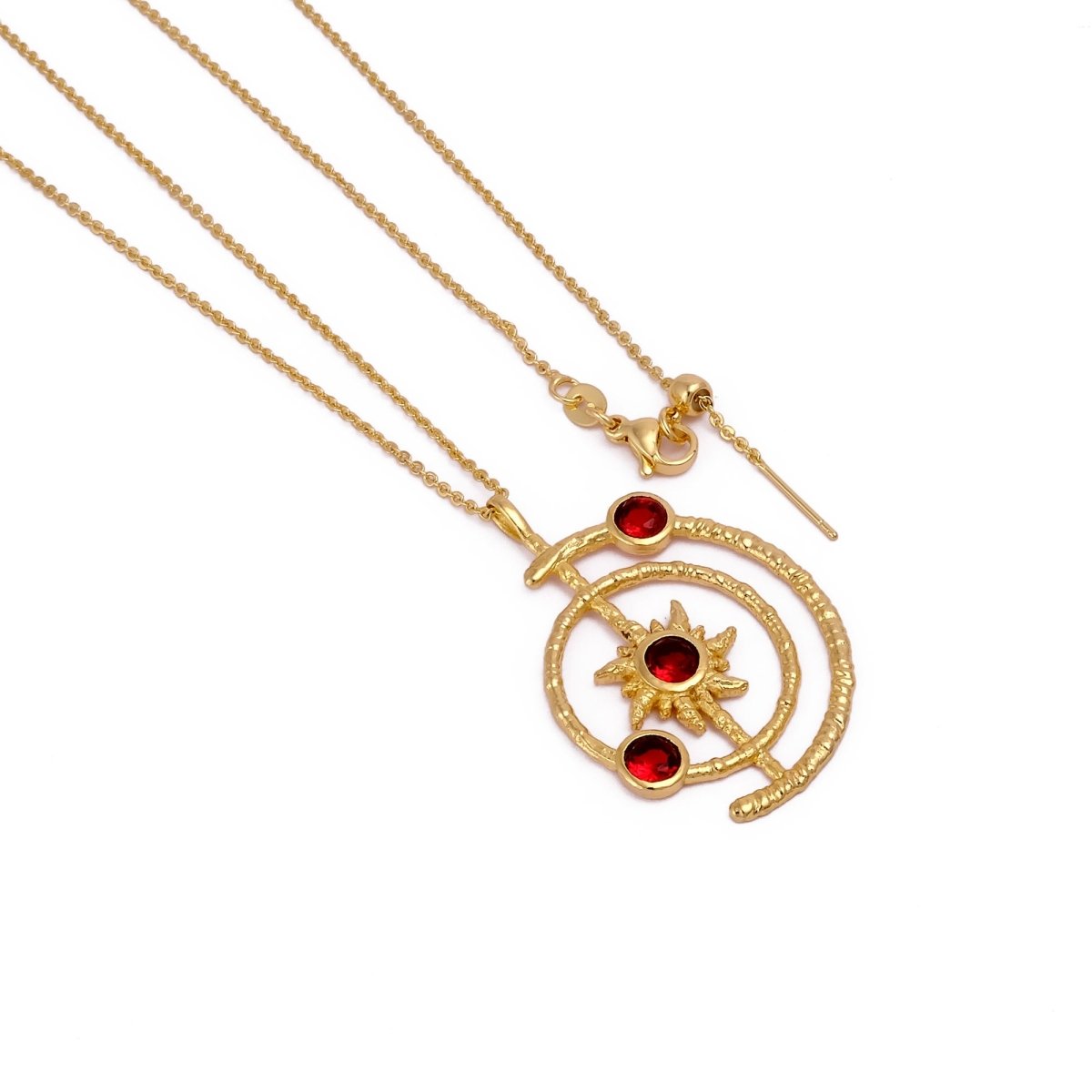 Celestial Sunburst Pendant Necklace with Faceted pink fuchsia in Gold Plated 5403