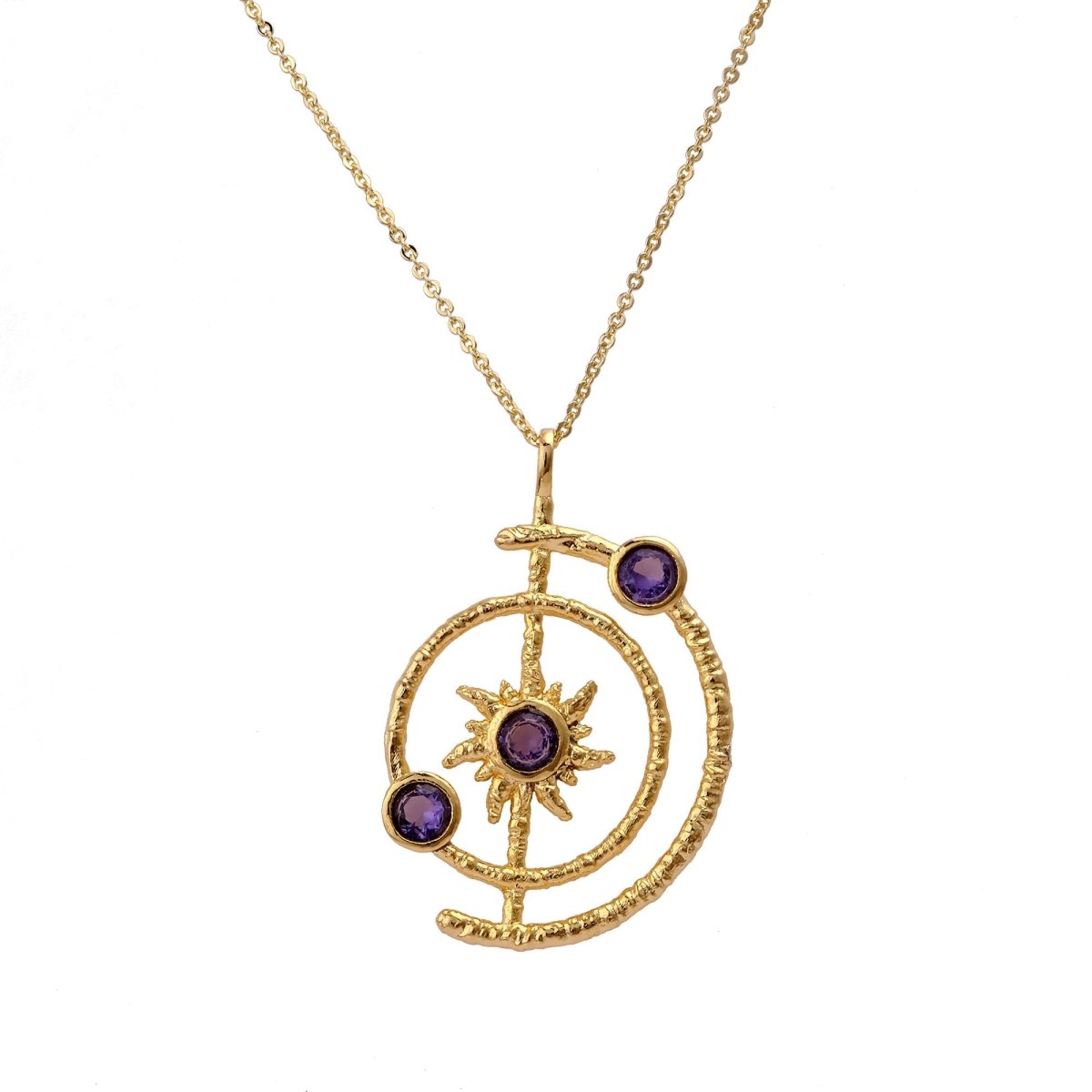Celestial Sunburst Pendant Necklace with Faceted pink fuchsia in Gold Plated 5403