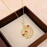 Celestial Sunburst Pendant Necklace with Faceted pink fuchsia in Gold Plated 5403