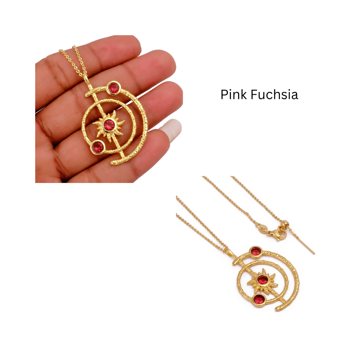 Celestial Sunburst Pendant Necklace with Faceted pink fuchsia in Gold Plated 5403