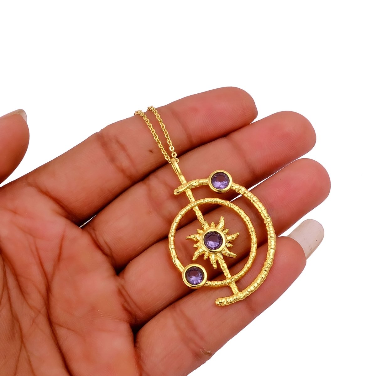 Celestial Sunburst Pendant Necklace with Faceted pink fuchsia in Gold Plated 5403