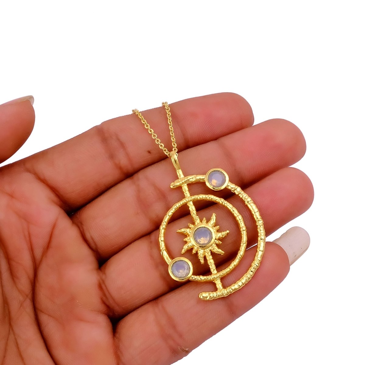 Celestial Sunburst Pendant Necklace with Faceted pink fuchsia in Gold Plated 5403
