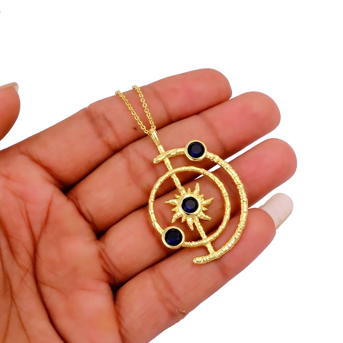 Celestial Sunburst Pendant Necklace with Faceted pink fuchsia in Gold Plated 5403