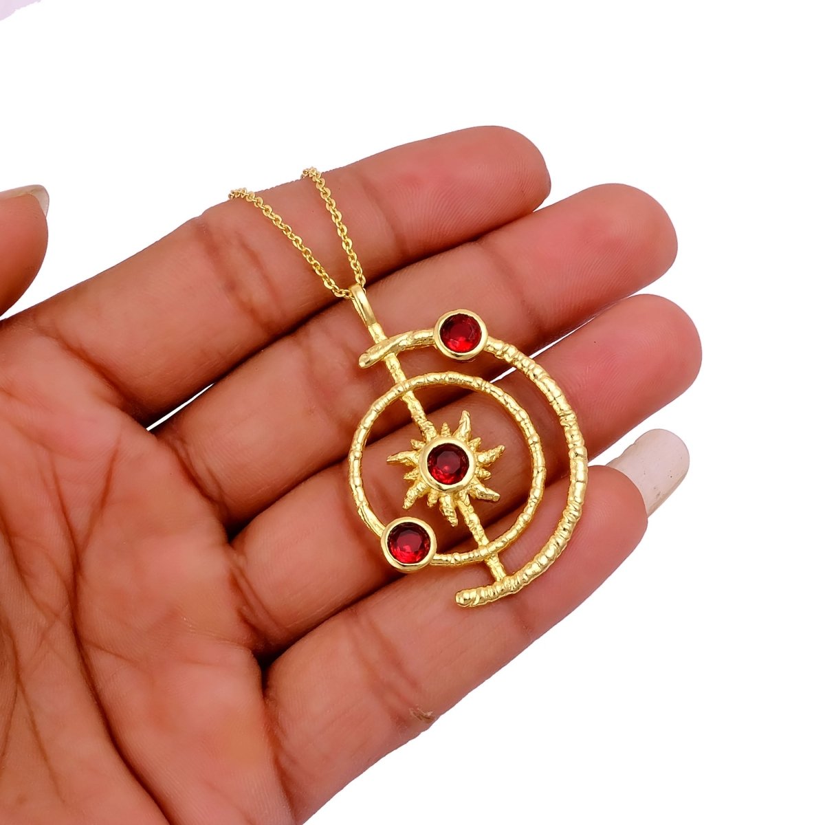 Celestial Sunburst Pendant Necklace with Faceted pink fuchsia in Gold Plated 5403
