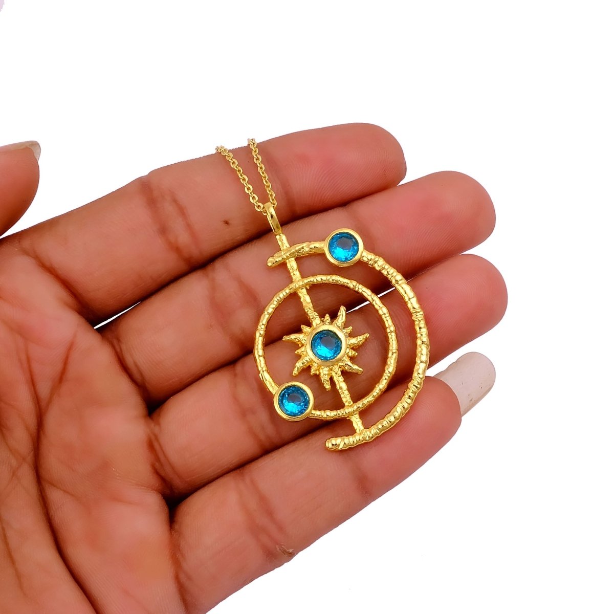 Celestial Sunburst Pendant Necklace with Faceted pink fuchsia in Gold Plated 5403