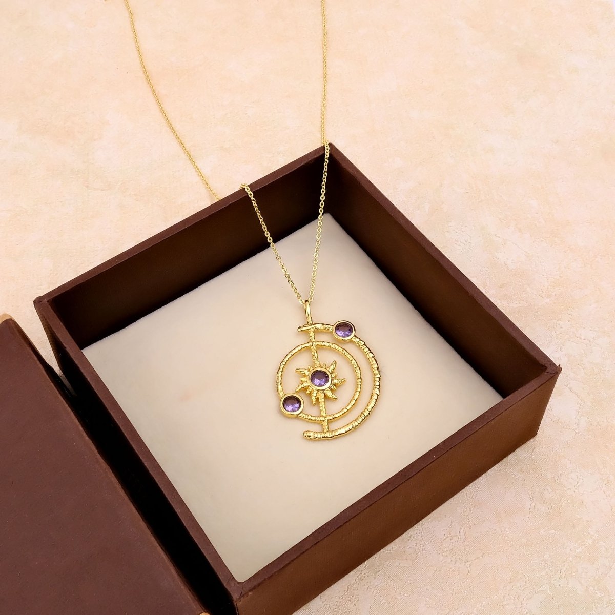 Celestial Sunburst Pendant Necklace with Faceted pink fuchsia in Gold Plated 5403