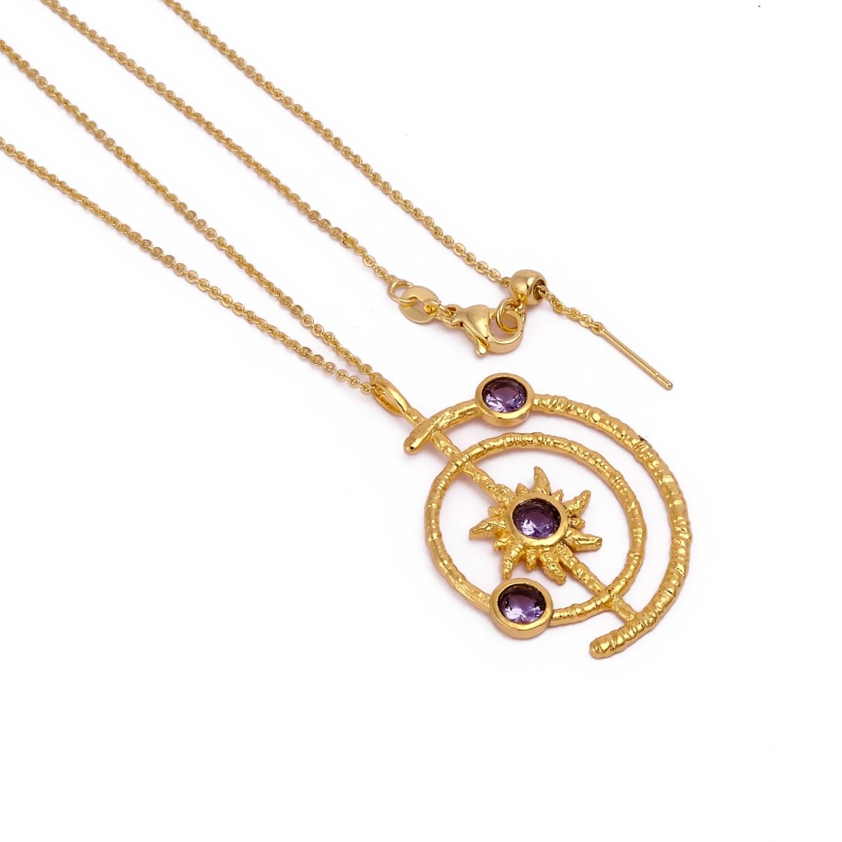 Celestial Sunburst Pendant Necklace with Faceted pink fuchsia in Gold Plated 5403