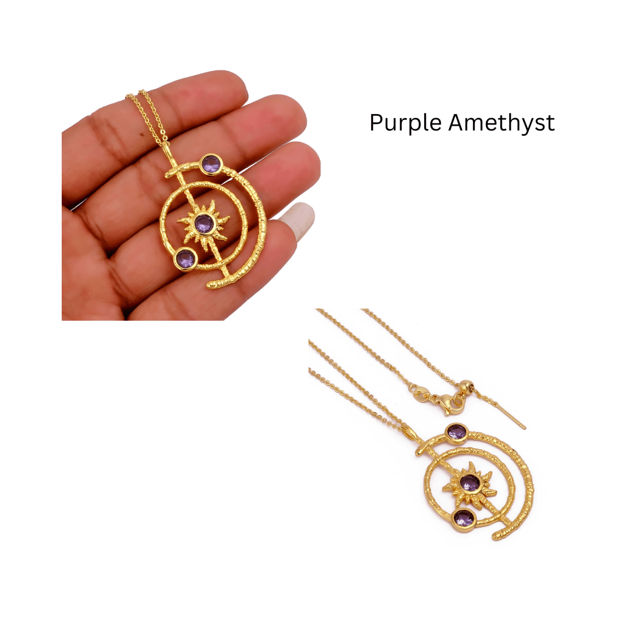Celestial Sunburst Pendant Necklace with Faceted pink fuchsia in Gold Plated 5403