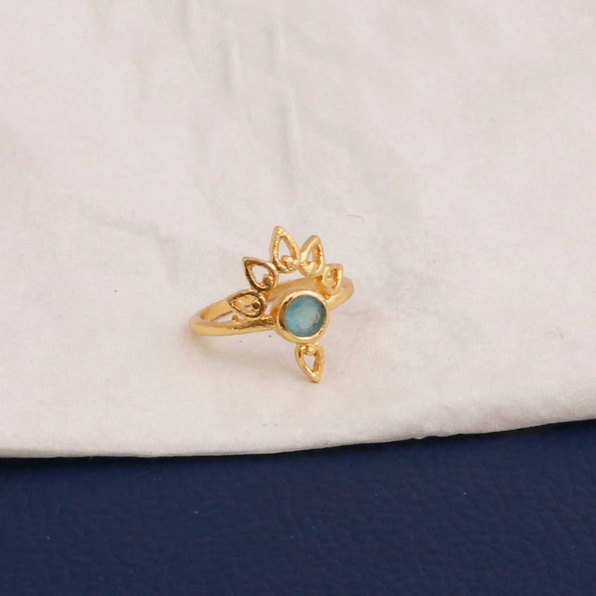 Chalcedony Crown Ring, Handmade Gold-Plated Boho Lotus Design Statement Ring