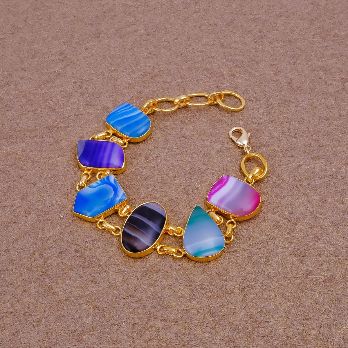 Chunky Gemstone Multi Color Agate Slice Chain Bracelet, Vibrant Statement Accessory 5266