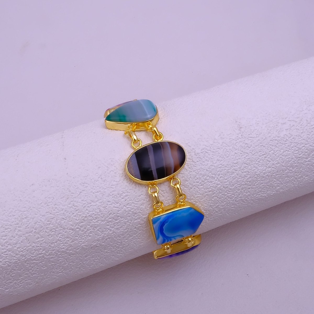 Chunky Gemstone Multi Color Agate Slice Chain Bracelet, Vibrant Statement Accessory 5266