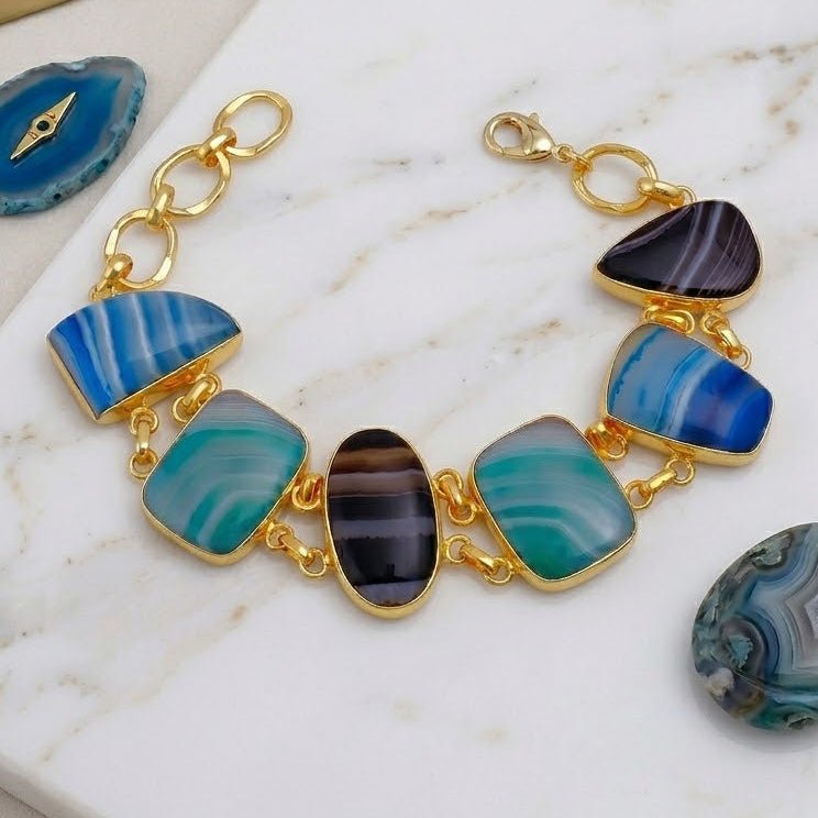 Chunky Gemstone Multi Color Agate Slice Chain Bracelet, Vibrant Statement Accessory 5266 Style 1.