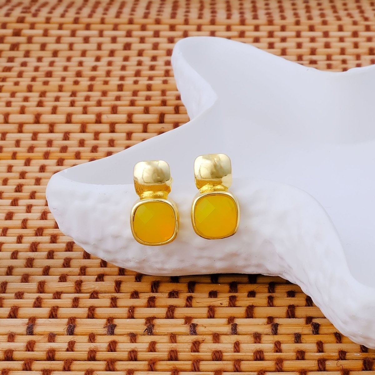 Chunky Gold Plated Studs with Green Amethyst Gemstone CE - 1033