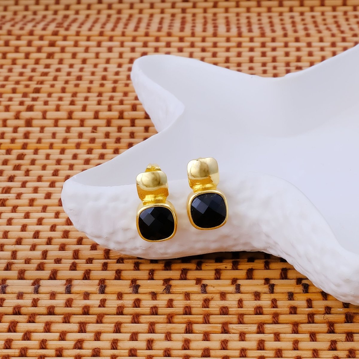 Chunky Gold Plated Studs with Green Amethyst Gemstone CE - 1033