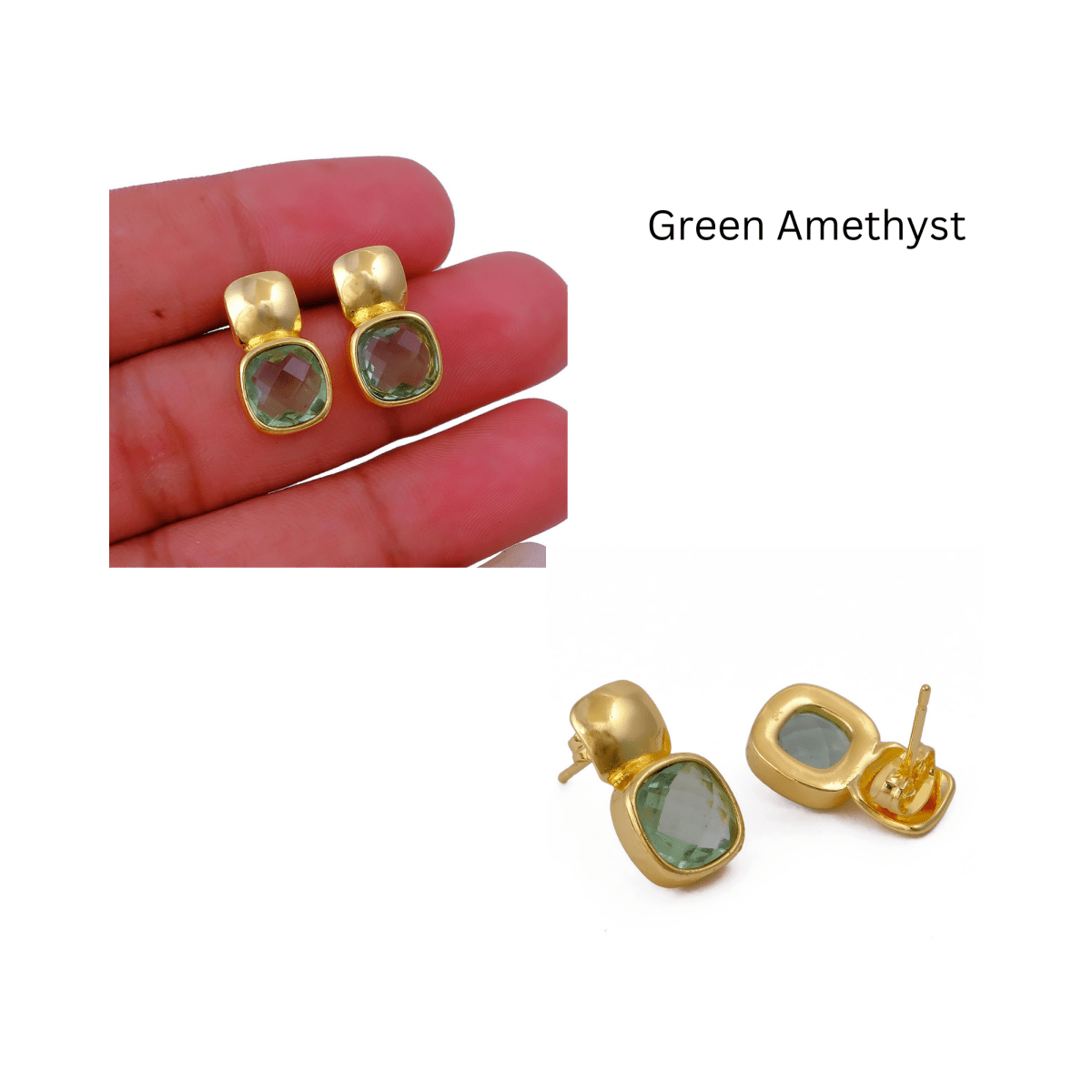 Chunky Gold Plated Studs with Green Amethyst Gemstone CE - 1033