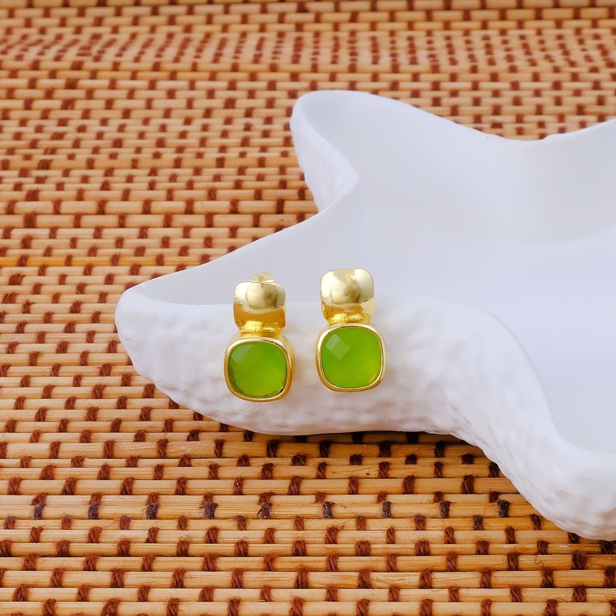 Chunky Gold Plated Studs with Green Amethyst Gemstone CE - 1033