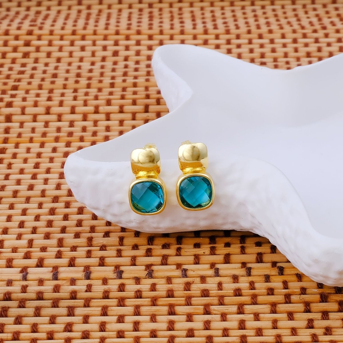 Chunky Gold Plated Studs with Green Amethyst Gemstone CE - 1033