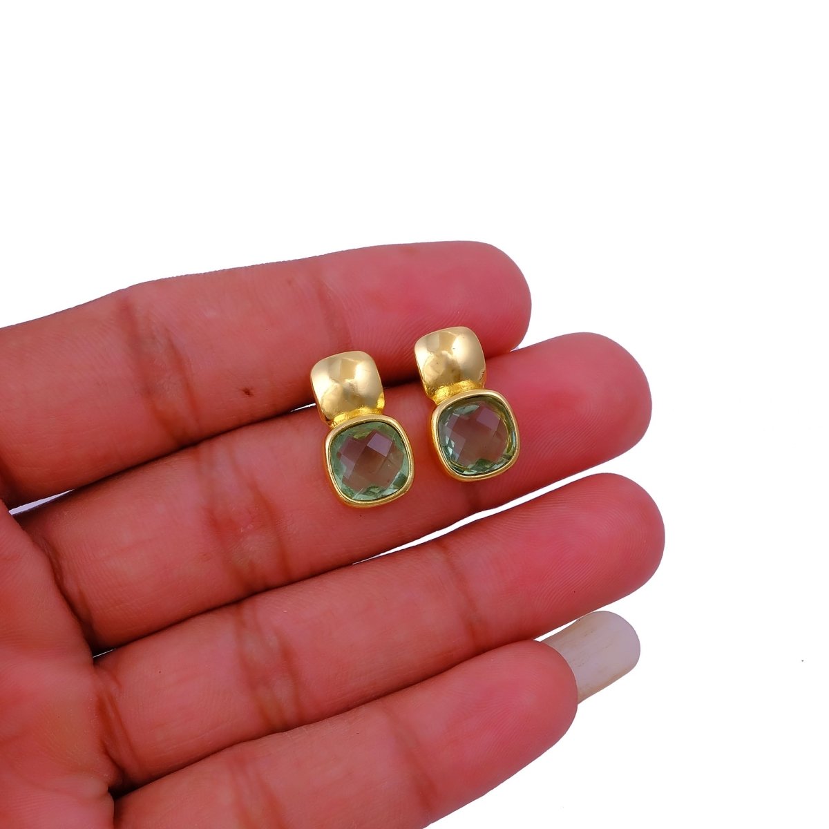 Chunky Gold Plated Studs with Green Amethyst Gemstone CE - 1033