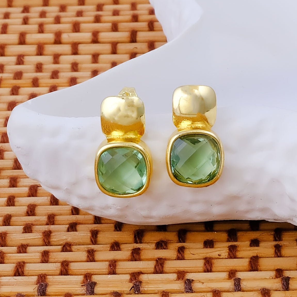 Chunky Gold Plated Studs with Green Amethyst Gemstone CE - 1033