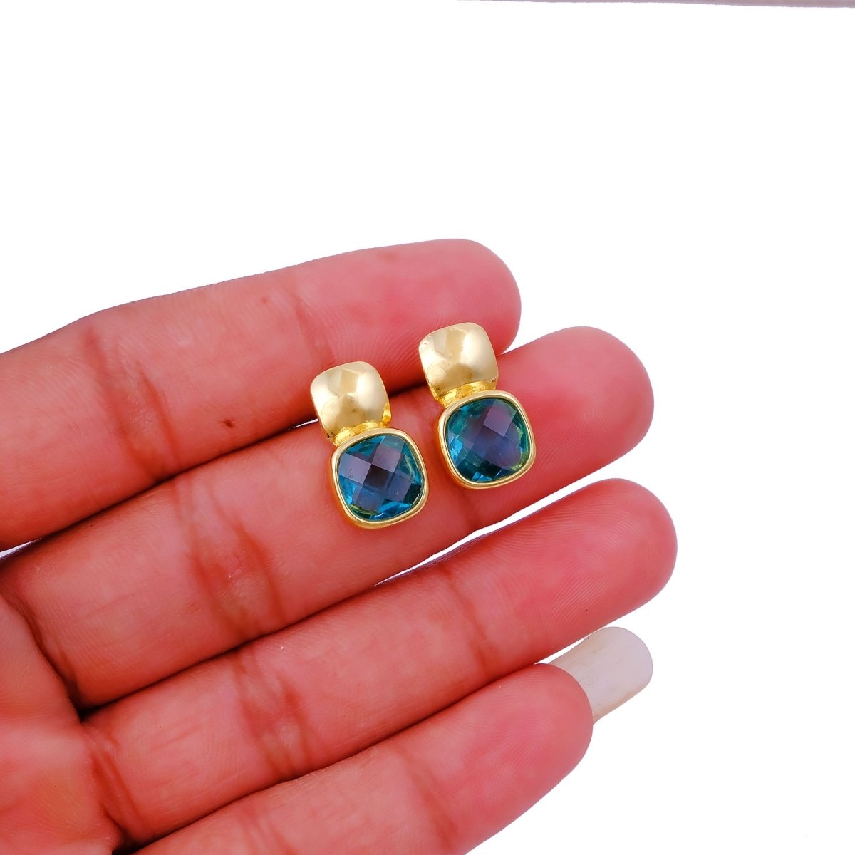 Chunky Gold Plated Studs with Green Amethyst Gemstone CE - 1033