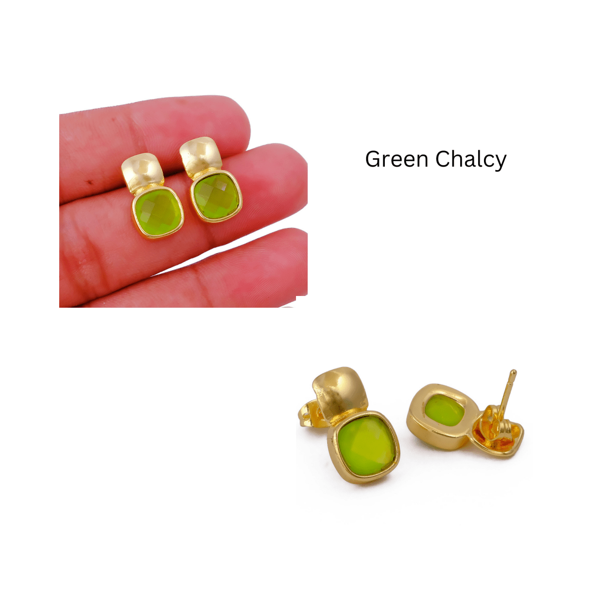 Chunky Gold Plated Studs with Green Amethyst Gemstone CE - 1033