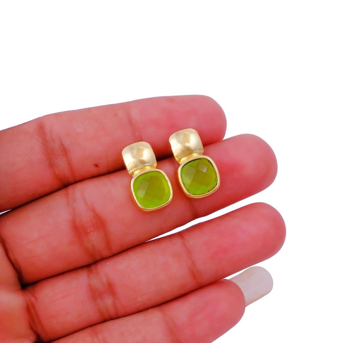 Chunky Gold Plated Studs with Green Amethyst Gemstone CE - 1033