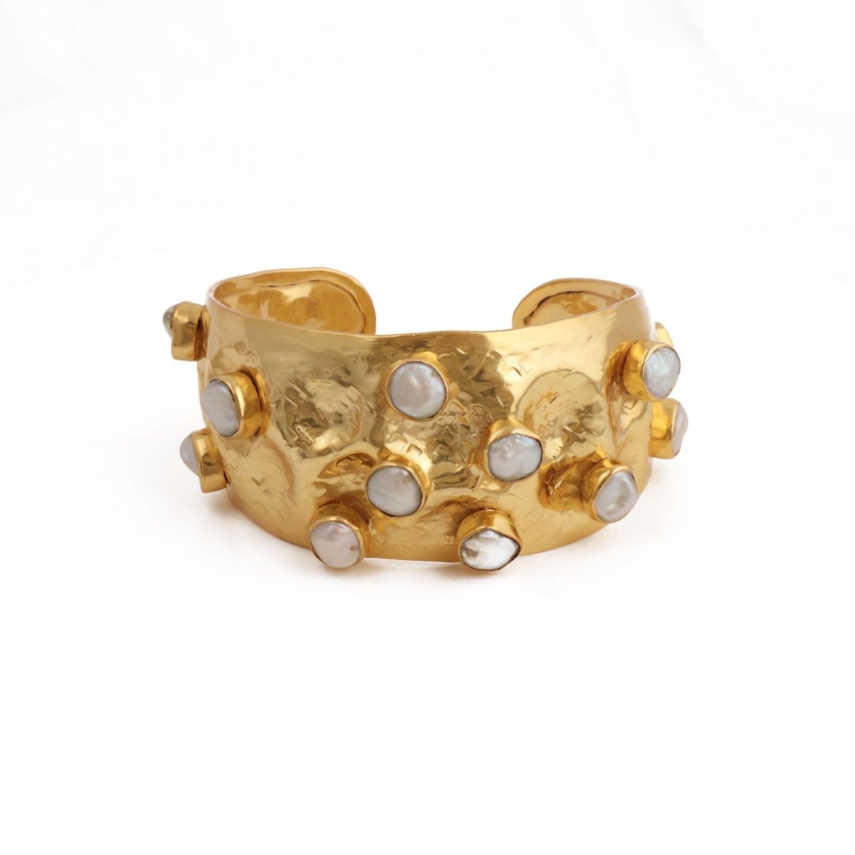 Chunky Hammered Gold Plated Pearl Bangles, Natural Gemstone Cuffs 5470