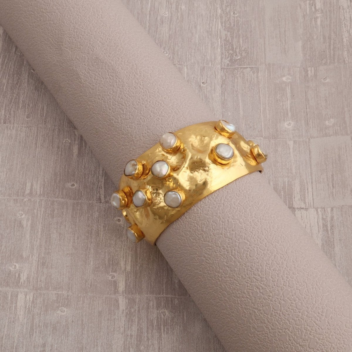 Chunky Hammered Gold Plated Pearl Bangles, Natural Gemstone Cuffs 5470