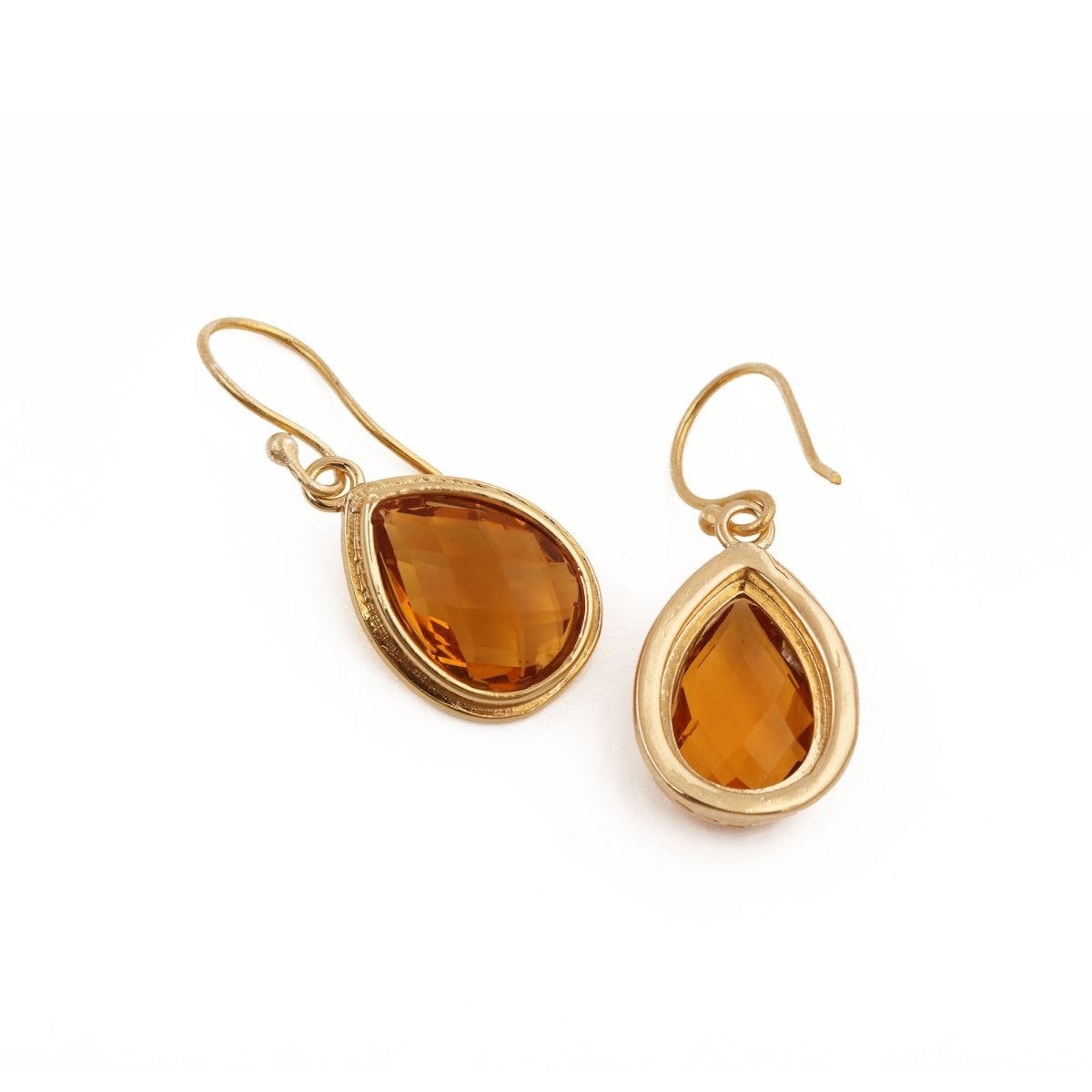 Citrine Faceted Pear Shape Earrings, Minimalist Gold Plated Brass Jewelry