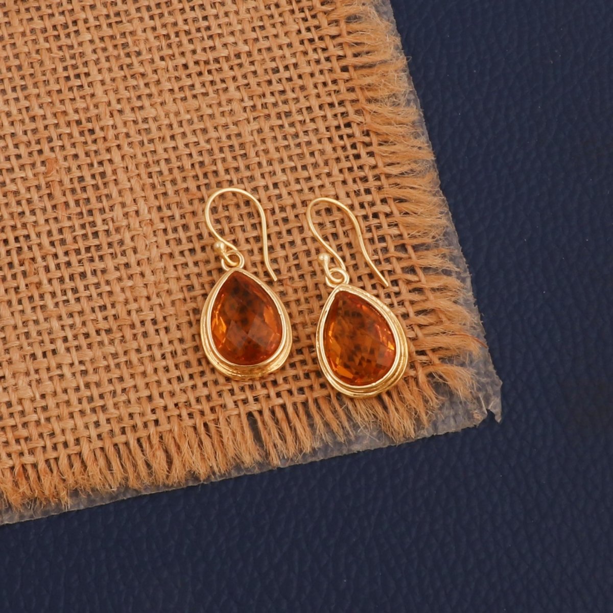 Citrine Faceted Pear Shape Earrings, Minimalist Gold Plated Brass Jewelry