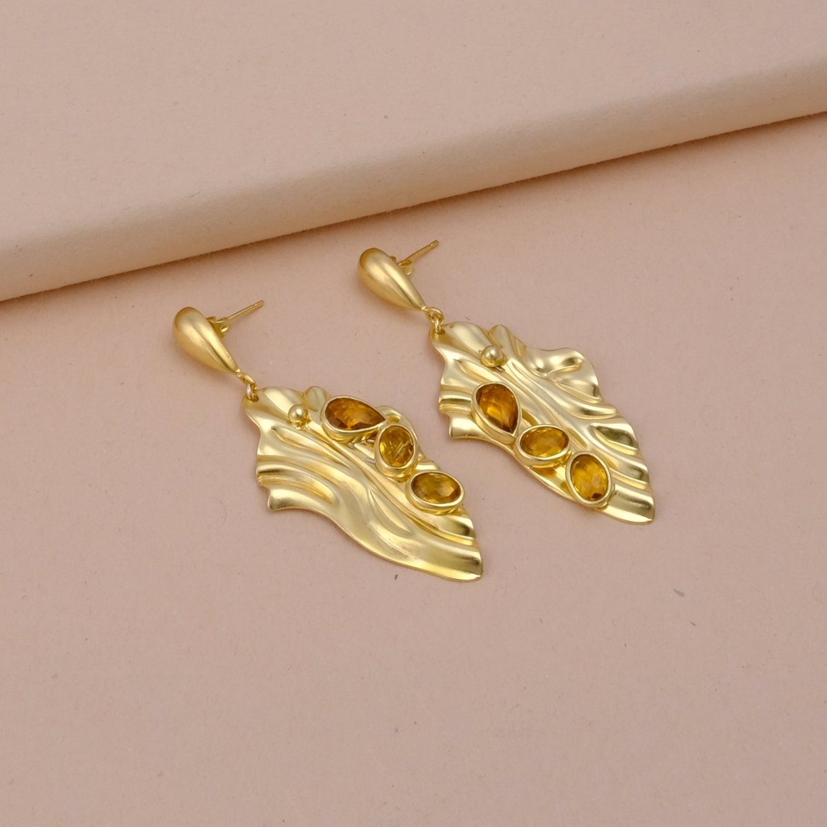Citrine Gemstone Stud Earrings – Handmade Faceted Cut Dangle Earrings, 18K Gold Plated Designer Jewelry, S