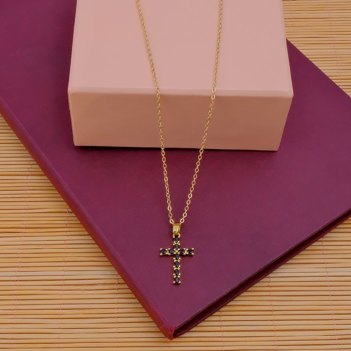 Cross Necklace Black Onyx Pear Shape Gemstone Gold Plated Pendant