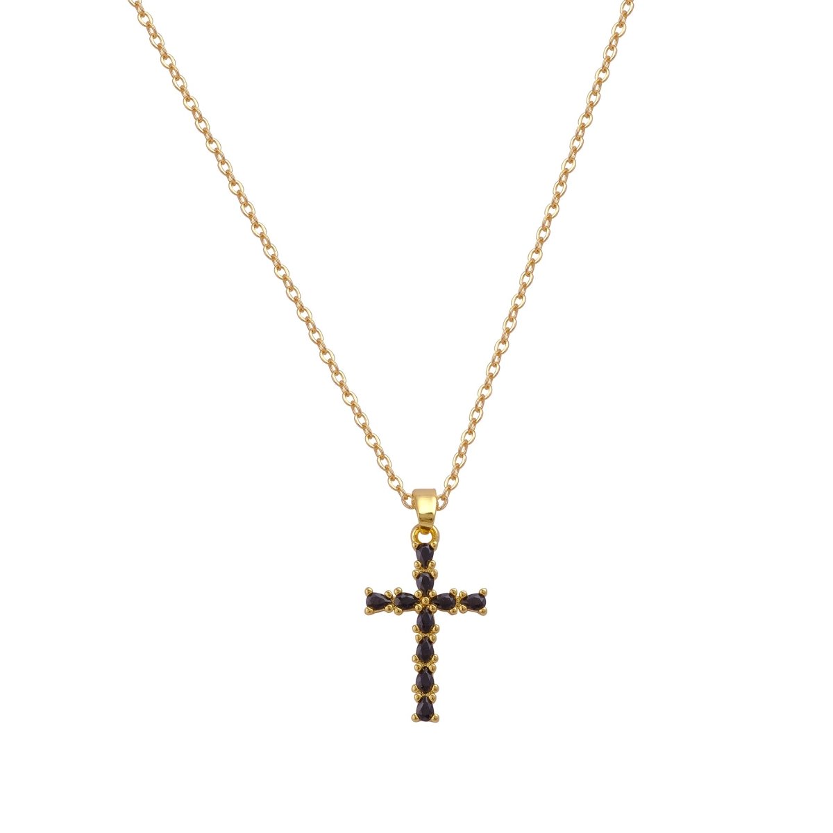 Cross Necklace Black Onyx Pear Shape Gemstone Gold Plated Pendant