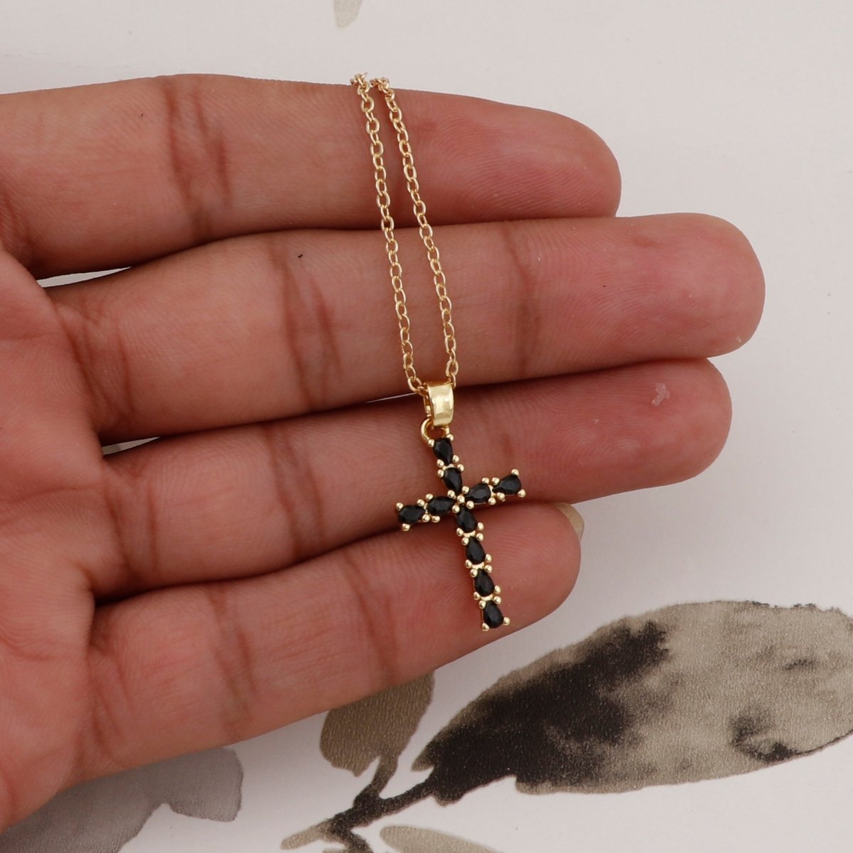 Cross Necklace Black Onyx Pear Shape Gemstone Gold Plated Pendant