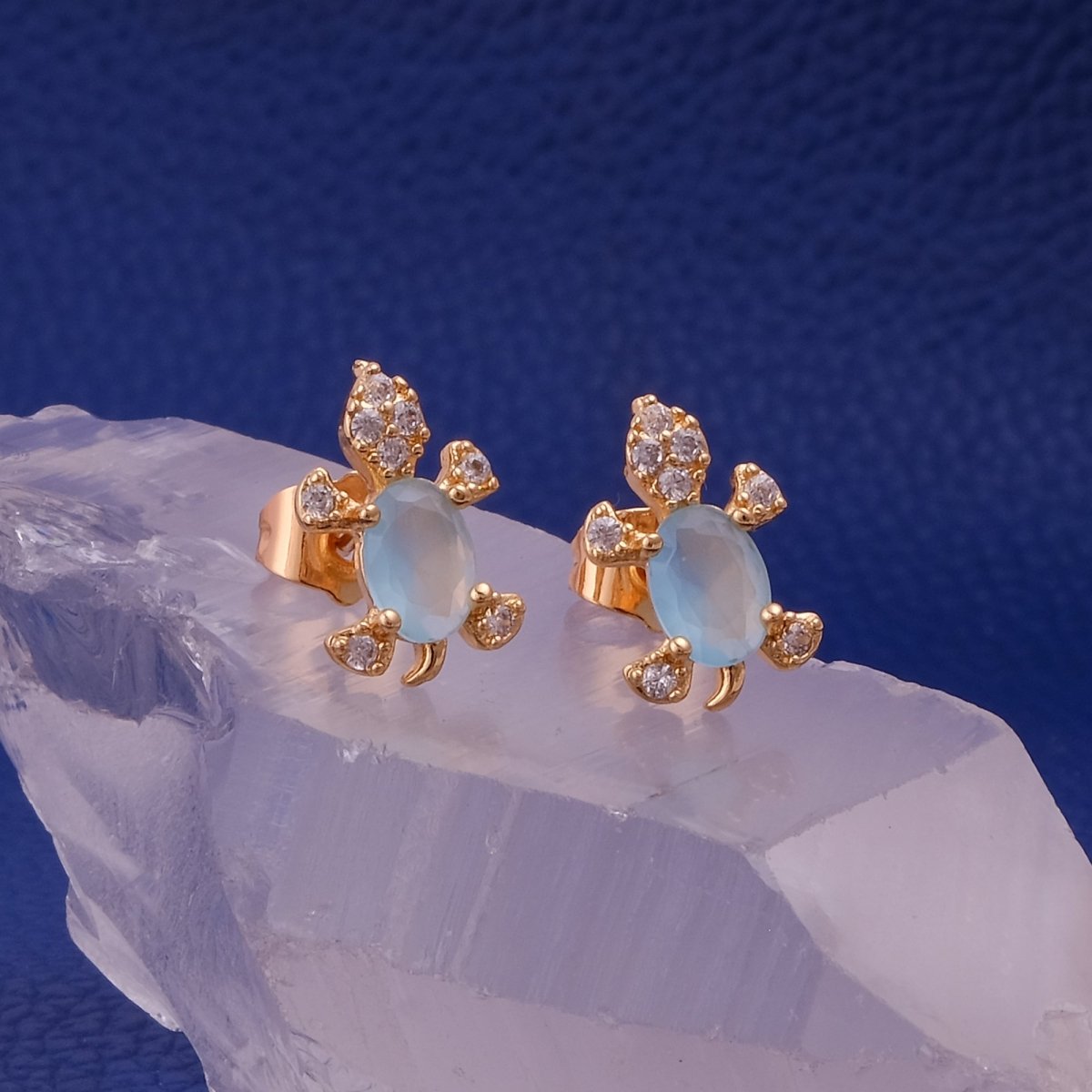 Cubic Zircon and Black Onyx Gemstone Stud Earrings Gold Plated Tortoise Earrings