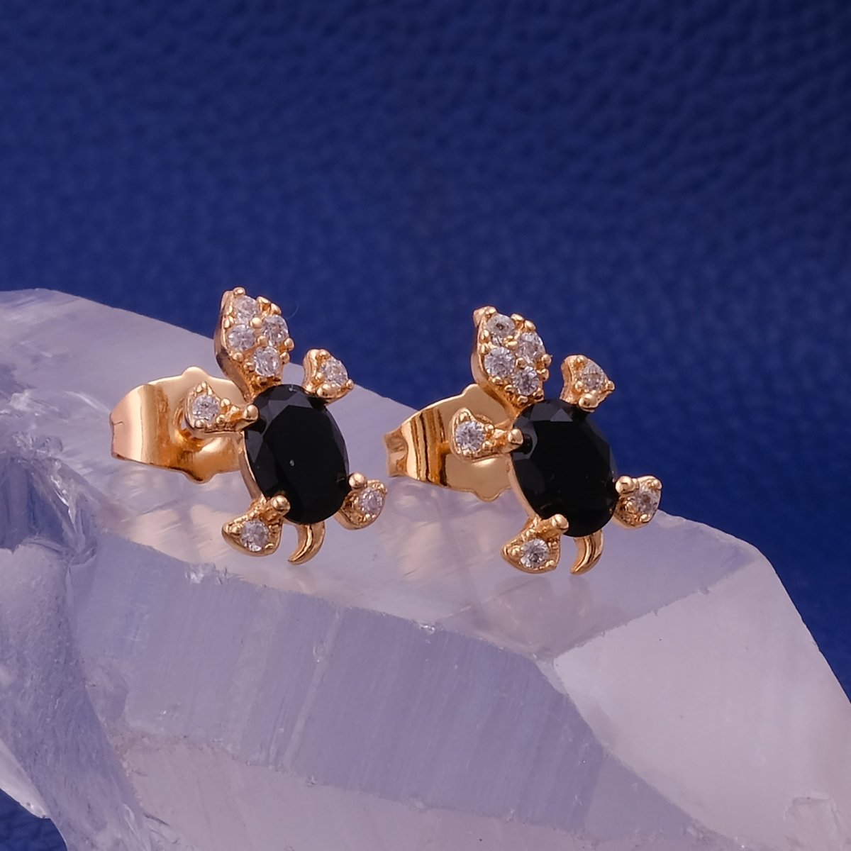 Cubic Zircon and Black Onyx Gemstone Stud Earrings Gold Plated Tortoise Earrings