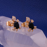 Cubic Zircon and Black Onyx Gemstone Stud Earrings Gold Plated Tortoise Earrings