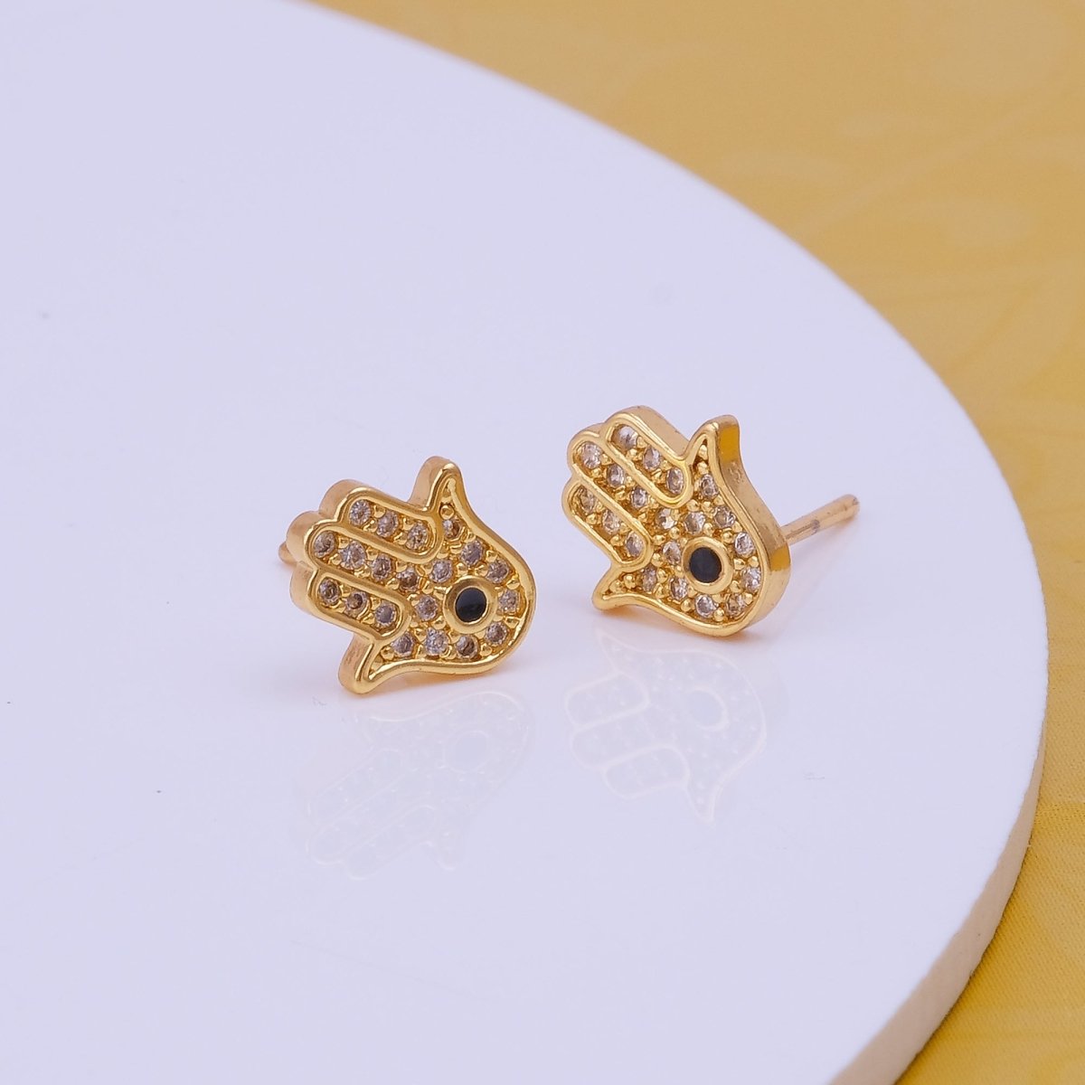 Cubic Zircon and Black Onyx Stud Earrings Hamsa Hand Gold Plated Earrings For Her